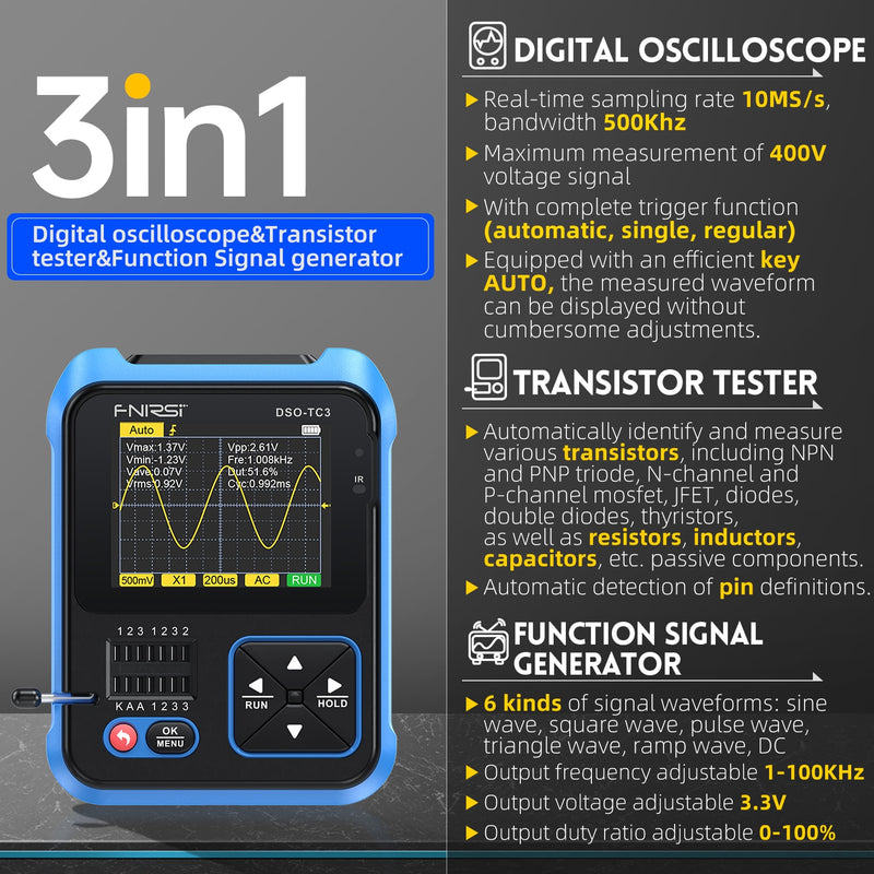 DSO-TC3/TC2 Digital Oscilloscope 10MSa/s Sampling Rate 500kHz Bandwidth Support Diode PWM Transistor LCR Test Signal Generator